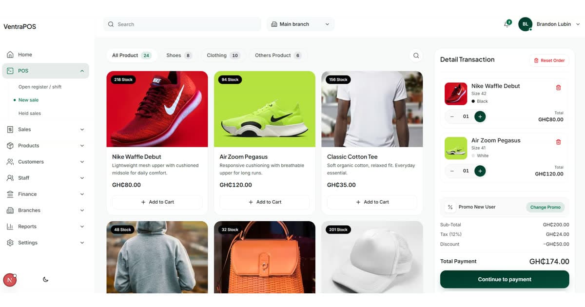VentraPOS dashboard preview: sales metrics, orders, and inventory
